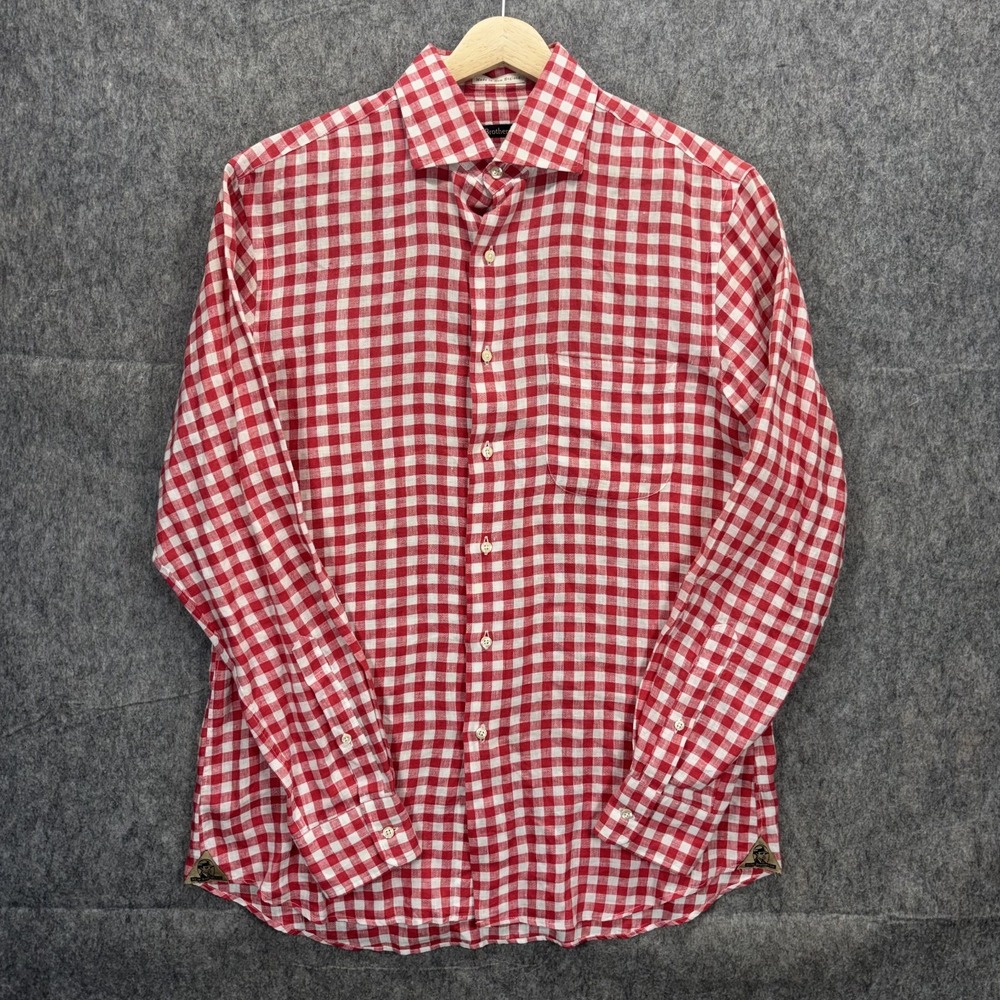 Miller Brothers Ltd Linen Shirt Mens Medium Gingham Plaid Red Lightweight Summer